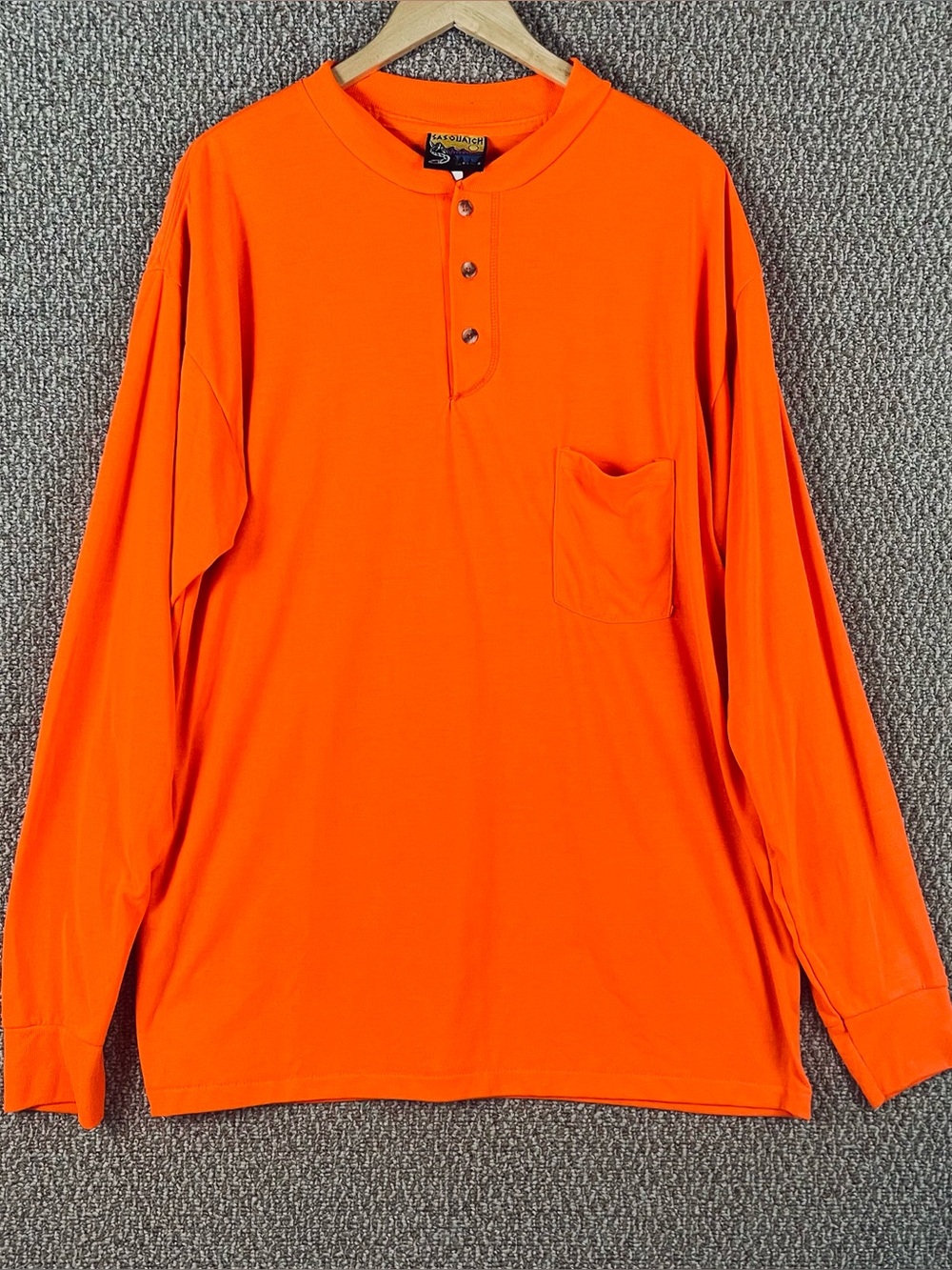 Vintage Sasquatch Shirt Mens XL Orange Henley Long Sleeve Hunting USA Made 294
